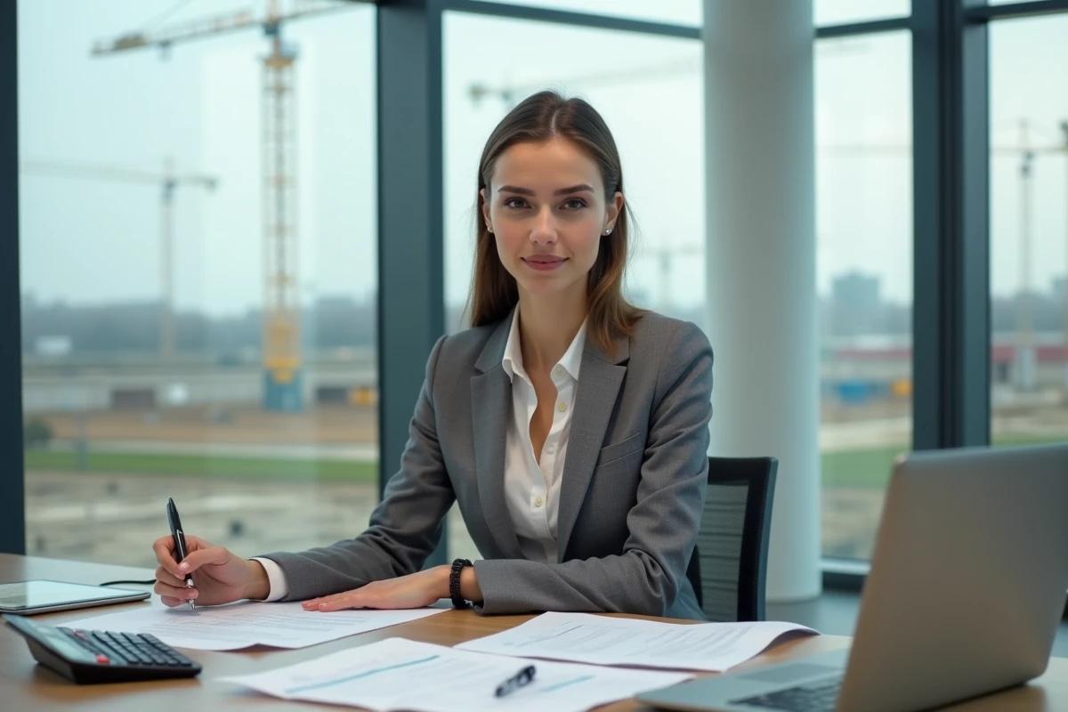 Femme en costume dans un bureau avec documents et ordinateur