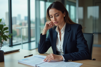 Femme d'affaires en costume examinant des documents immobiliers