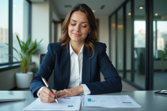 Femme d'affaires en réunion dans un bureau moderne