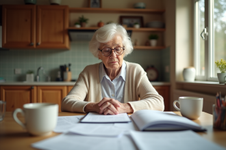 Femme âgée examinant ses papiers d'impôts à la maison