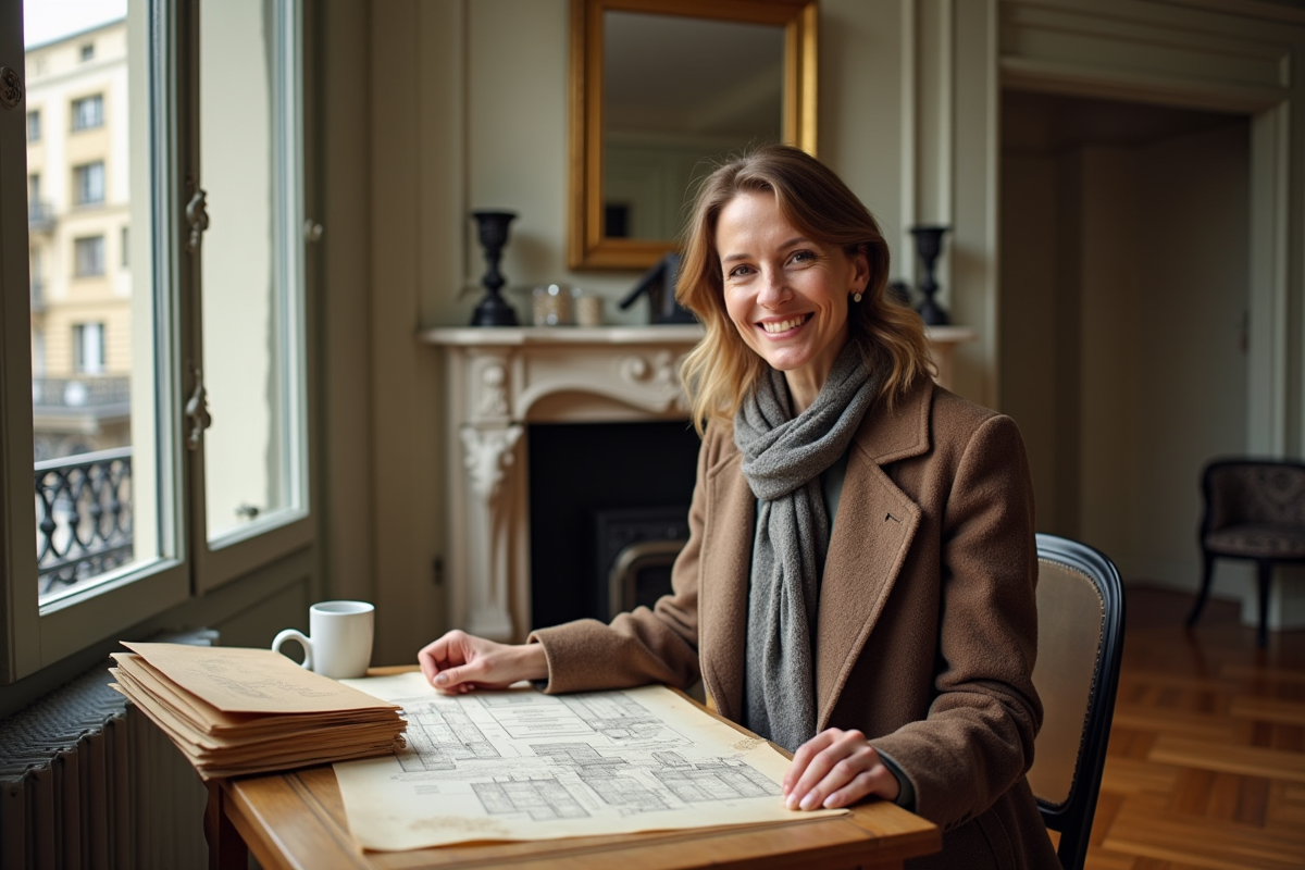 Femme souriante examinant des plans dans un appartement parisien