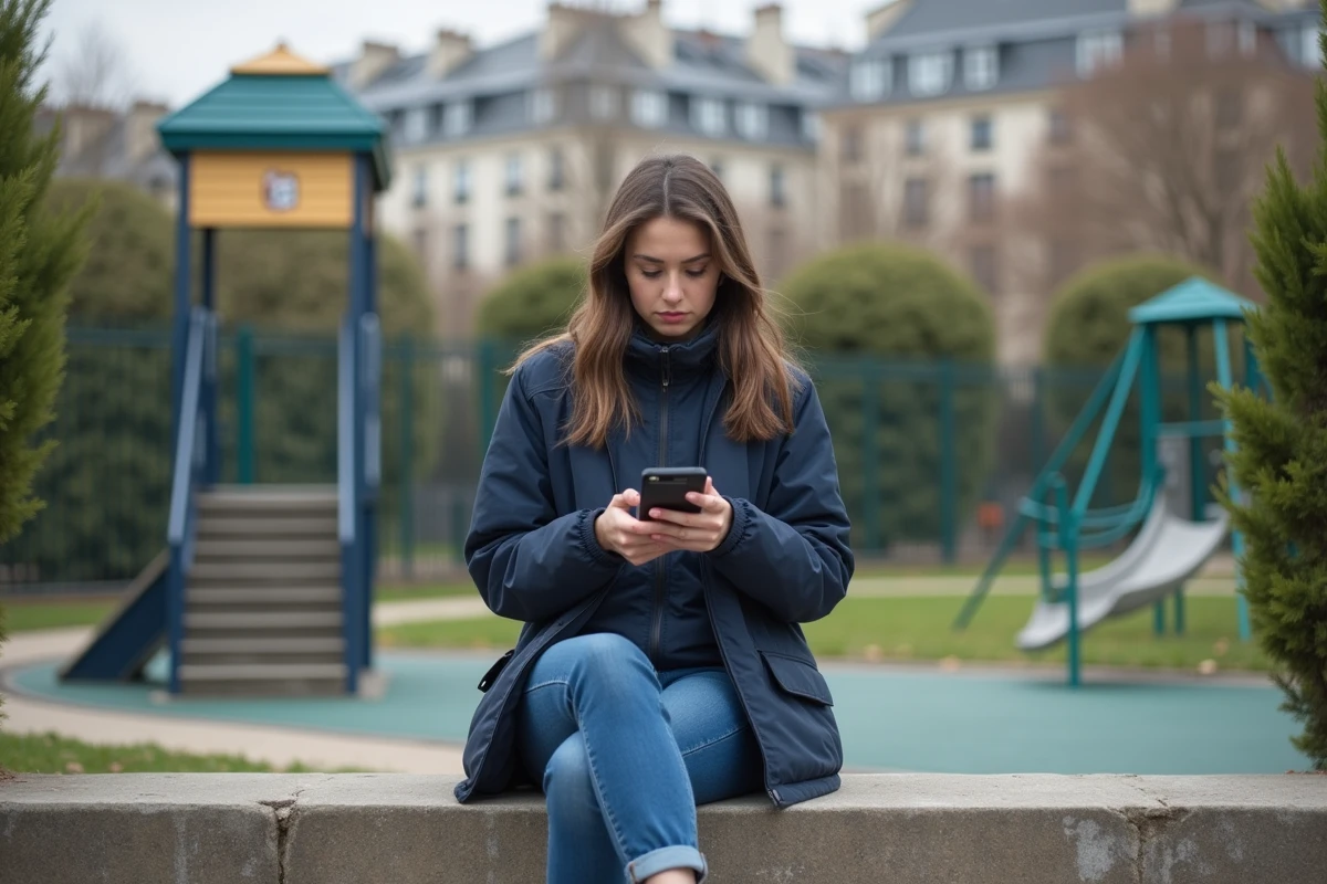 Jeune femme assise sur un banc dans un parc urbain à Mille