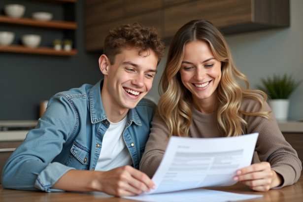 Femme et adolescent discutant documents d'assurance à la maison