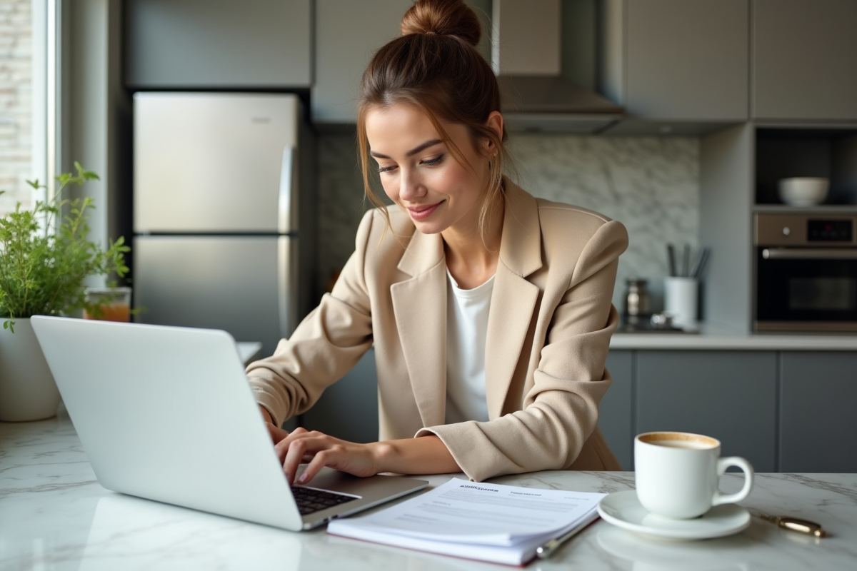 Femme en blazer beige tapant sur son ordinateur dans la cuisine