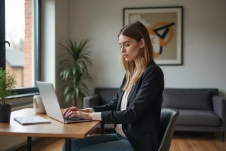 Jeune femme au bureau regardant son ordinateur portable