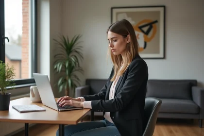 Jeune femme au bureau regardant son ordinateur portable