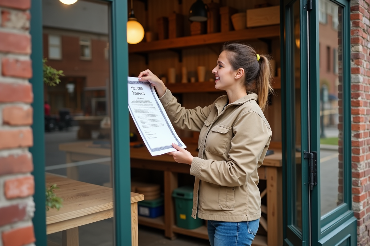 Jeune femme artisan affichant un certificat devant son atelier