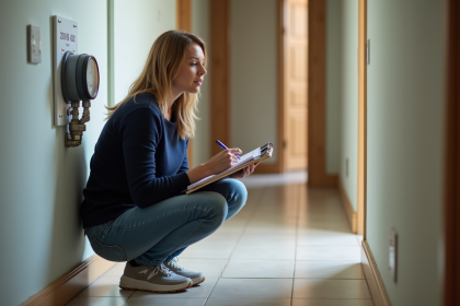 Femme contrôlant un compteur d'eau dans un couloir d'appartement