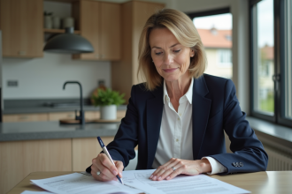Femme d'âge moyen en affaires examine des documents de prêt immobilier