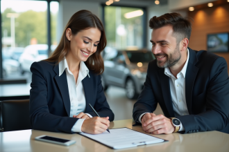 Femme signant un contrat de location de voiture dans un concessionnaire