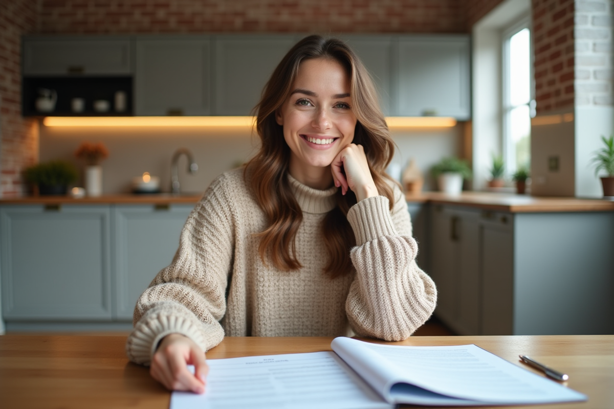 Jeune femme dans sa cuisine moderne et rénovée