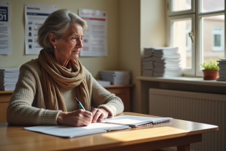 Femme concentrée remplissant un formulaire de logement