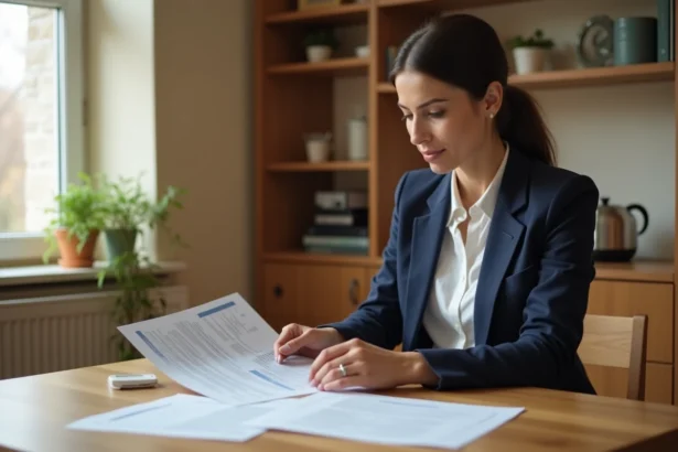 Femme consultant un dossier de location sans CDI à une table en bois dans un appartement