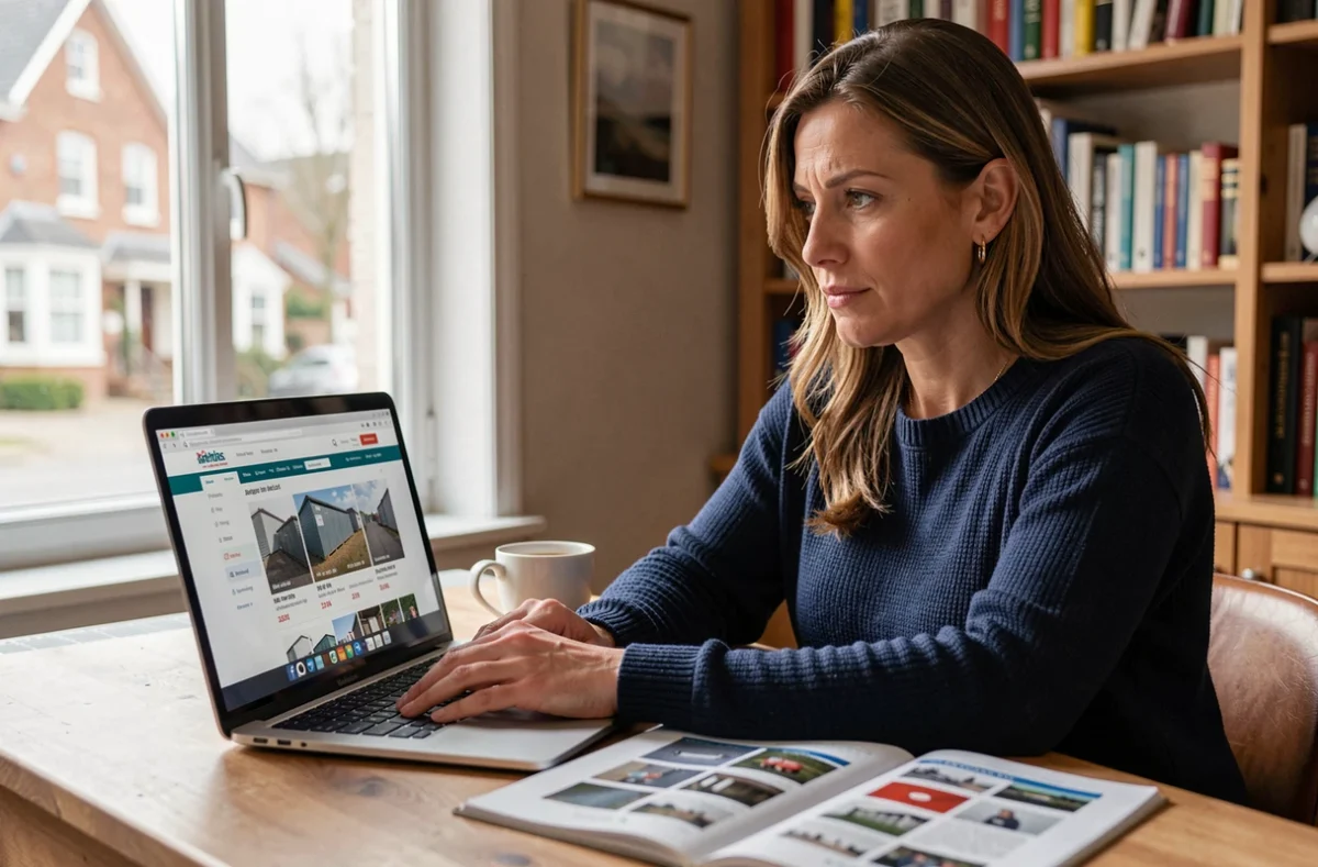 Femme participant à une enchère de box abandonné en ligne depuis son bureau à domicile en France