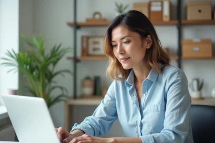 Femme connectée à son espace client MyFoncia sur un ordinateur portable depuis son bureau à domicile