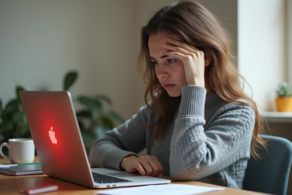 Jeune femme frustrée devant son ordinateur après un refus de dossier sur LOC'annonces