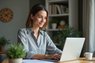 Femme consultant ses documents de gestion locative sur MyFoncia depuis son bureau à domicile