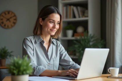 Femme consultant ses documents de gestion locative sur MyFoncia depuis son bureau à domicile