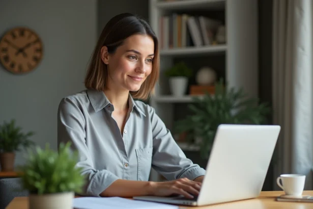 Femme consultant ses documents de gestion locative sur MyFoncia depuis son bureau à domicile