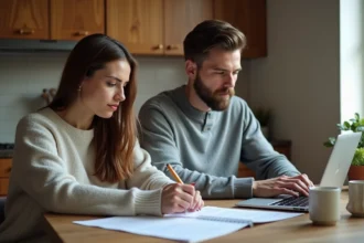 Couple remplissant formulaires APL dans la cuisine