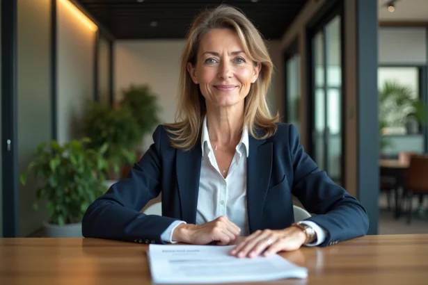 Femme d'âge moyen en blazer dans un bureau immobilier