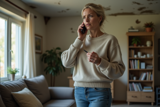 Femme inquiète parlant au téléphone dans son salon endommagé