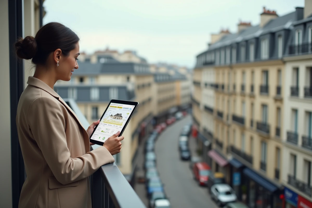 Femme investisseuse consultant un tableau de bord immobilier sur tablette depuis le balcon d'un immeuble moderne en ville
