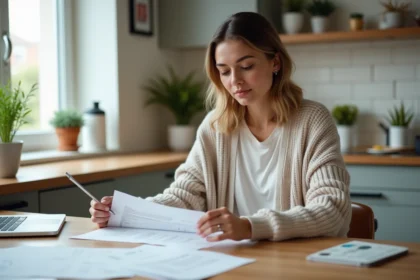 Femme lisant des documents de location dans une cuisine lumineuse