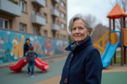 Femme en manteau bleu regardant son fils jouer dans un parc rénové