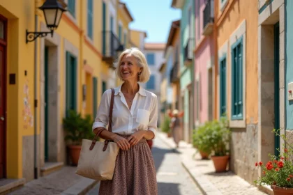 Femme souriante dans une rue colorée de Le Panier