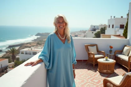 Femme marocaine en kaftan bleu sur terrasse avec vue océan
