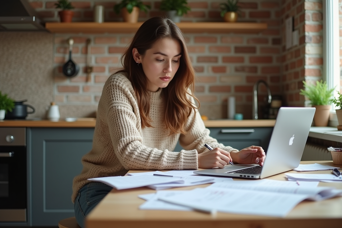 Jeune femme calculant des documents de prêt immobilier à la maison