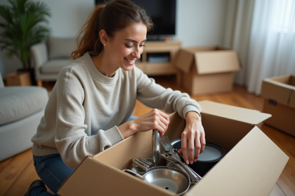 Femme arrangeant ustensiles dans une cuisine moderne