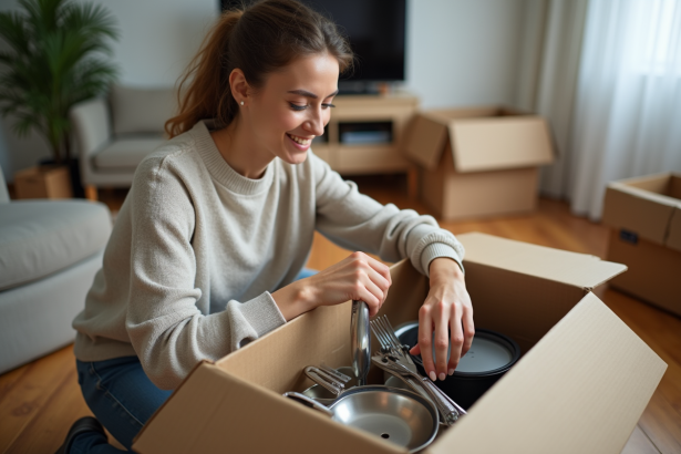 Femme arrangeant ustensiles dans une cuisine moderne