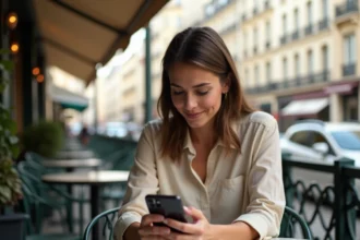 Femme parisienne consultant une application d'annonces immobilières sur smartphone en terrasse de café