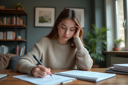 Jeune femme remplissant un contrat d'assurance à son bureau