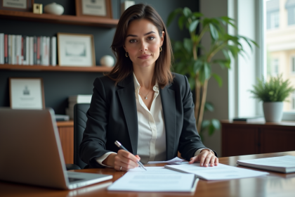 Femme professionnelle en blazer dans un bureau organisé