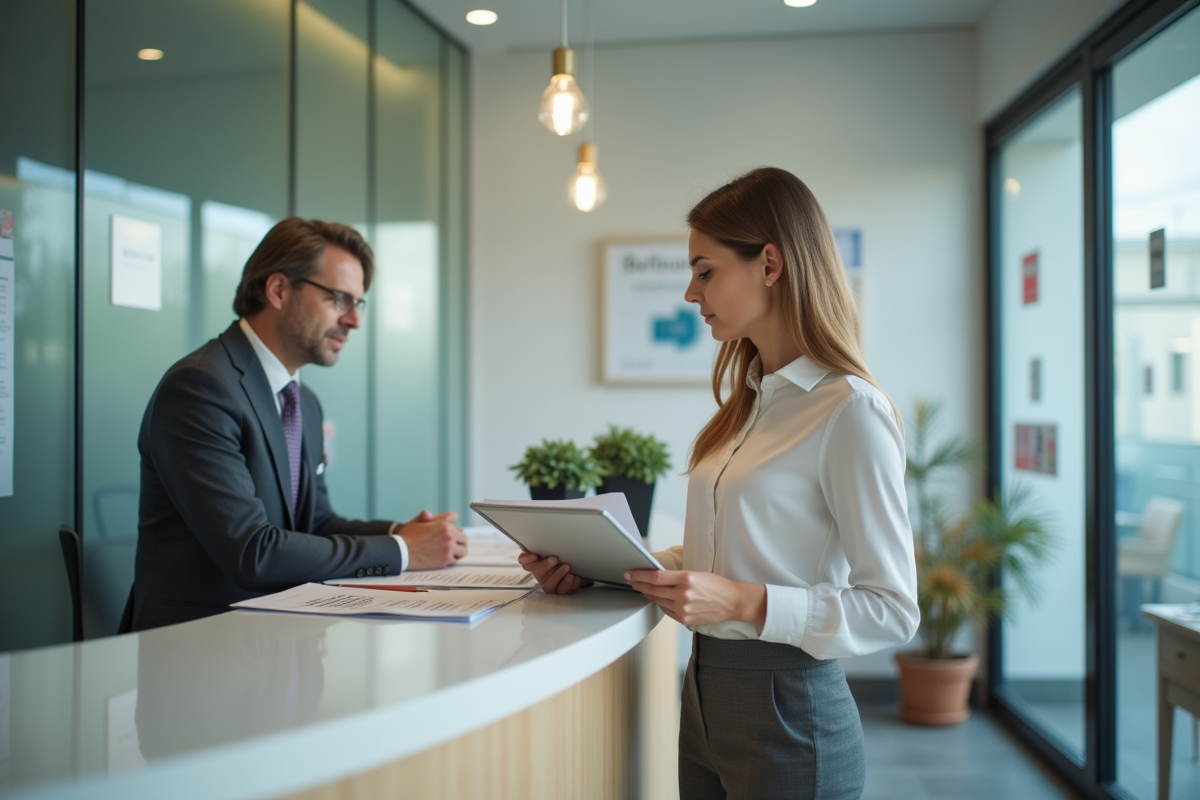 Jeune femme discutant avec une réceptionniste dans une agence d