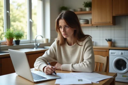 Femme cherchant des logements dans une cuisine lumineuse