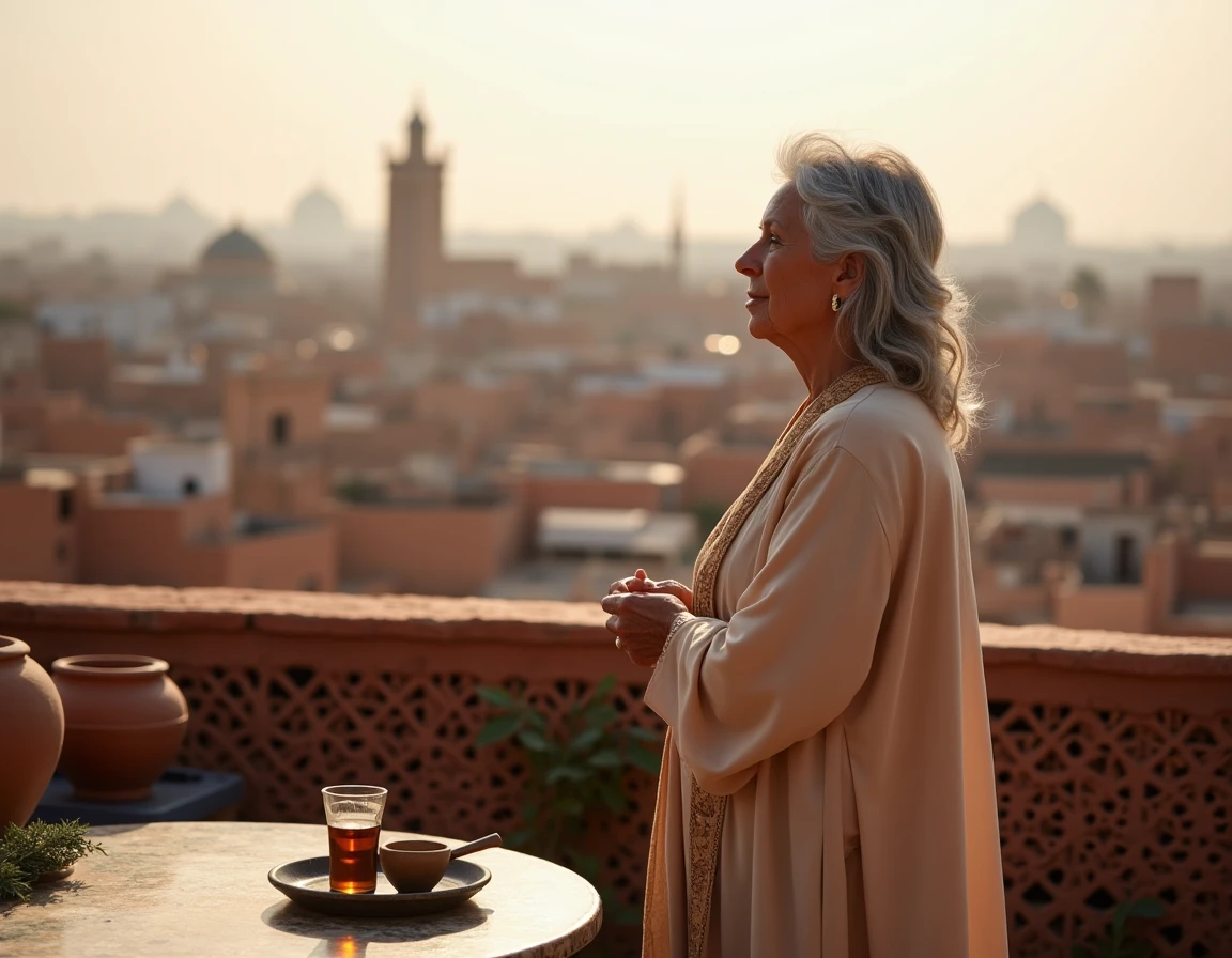 Femme retraitée sur la terrasse d'un riad à Marrakech avec vue sur la médina et le minaret Koutoubia