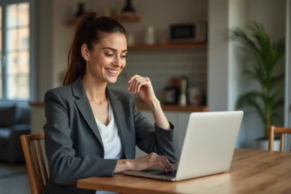 Femme confiante utilisant un ordinateur dans la cuisine