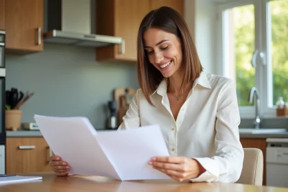 Femme souriante vérifiant documents de location dans un appartement lumineux