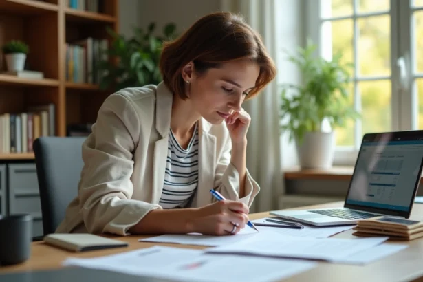 Une femme de 42 ans étudie des documents financiers pour financer la reprise d'un camping, assise dans son bureau à domicile