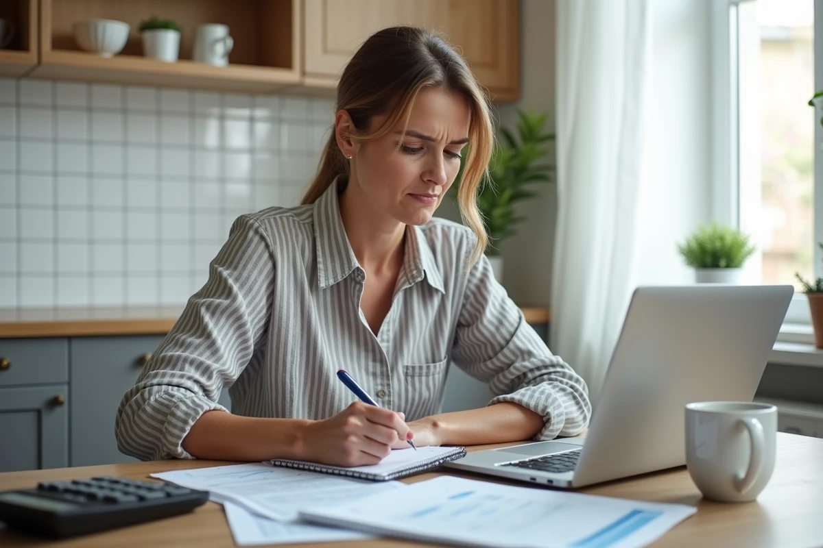 Femme calculant son plan de financement immobilier avec PTZ sur ordinateur portable à domicile