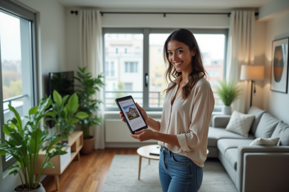 Femme souriante tenant une tablette dans un appartement moderne