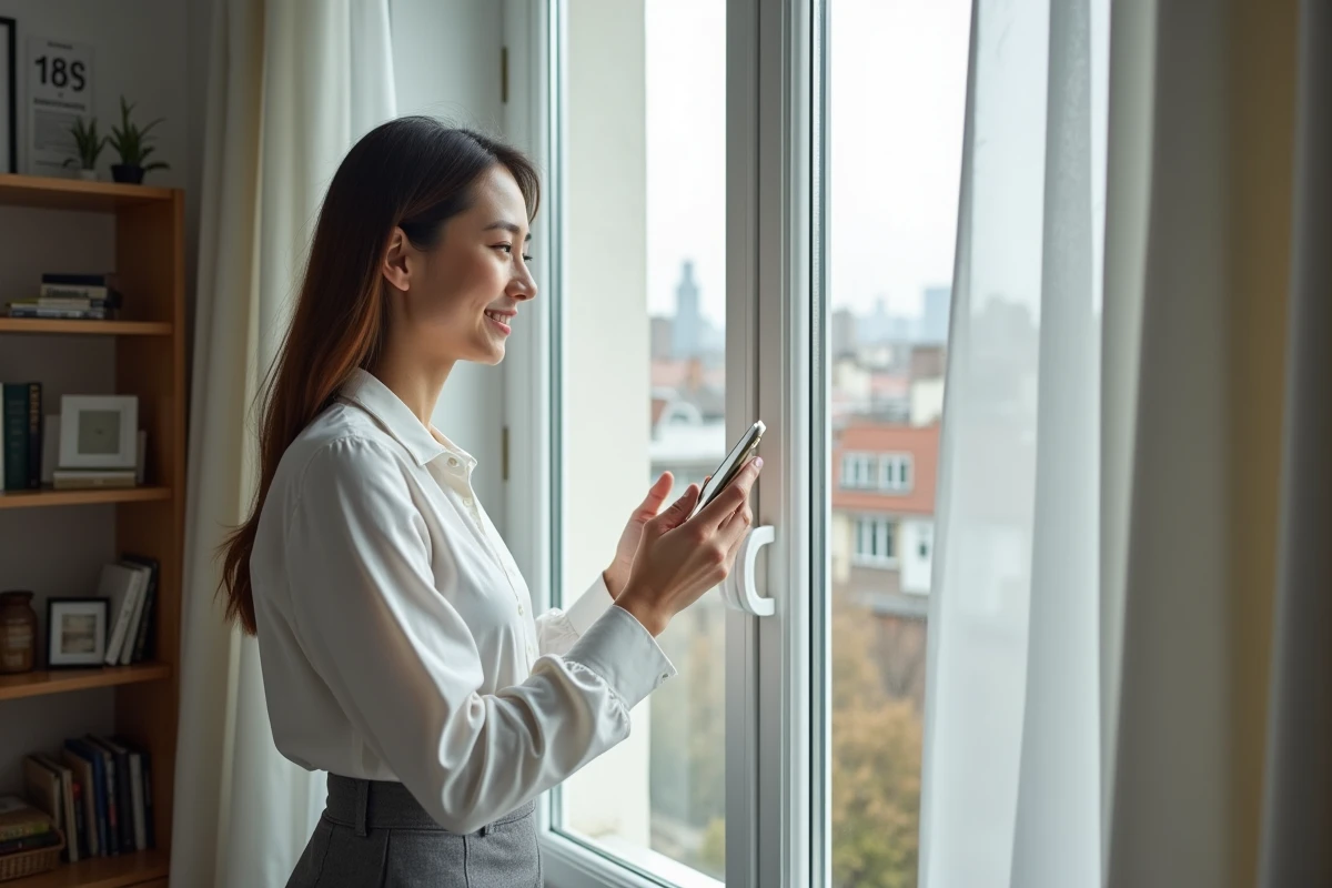 Femme souriante vérifiant son appartement en ville depuis la fenêtre