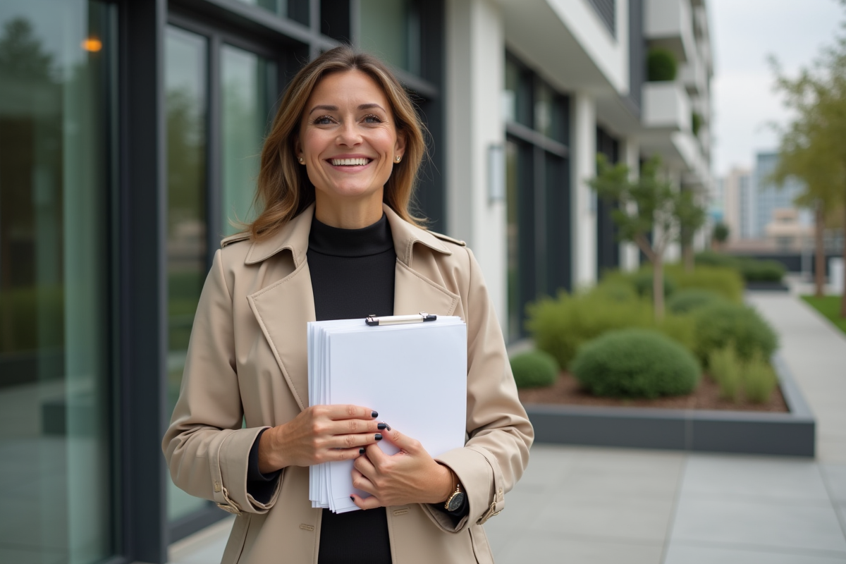 Femme souriante avec dossier immobilier devant immeuble