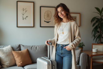 Jeune femme avec valise dans un salon accueillant
