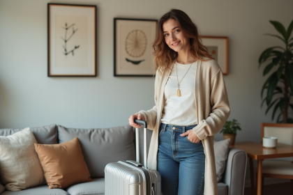 Jeune femme avec valise dans un salon accueillant