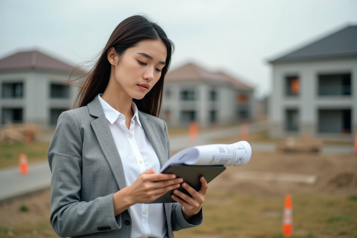 Jeune femme en extérieur examinant un rapport immobilier sur un terrain en construction